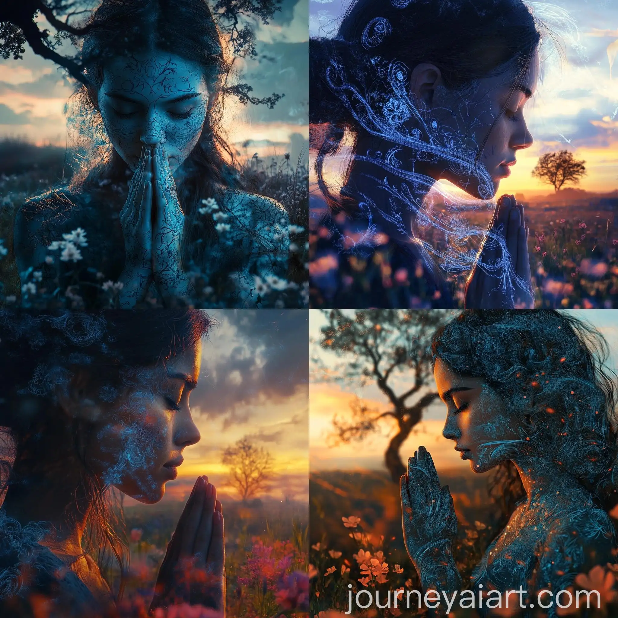 Cinematic-CloseUp-Portrait-of-Girl-in-Prayer-with-Blue-Smoky-Tattoo-Patterns-and-Sunset-Landscape