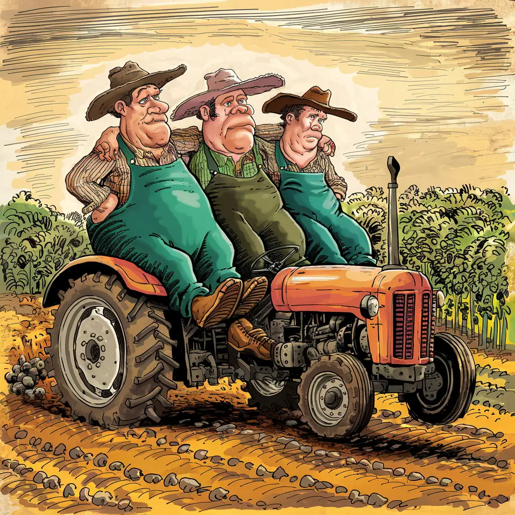 Three Farmers Riding Together on a Tractor