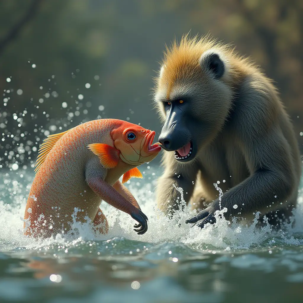 Create an image of fish fighting with baboon