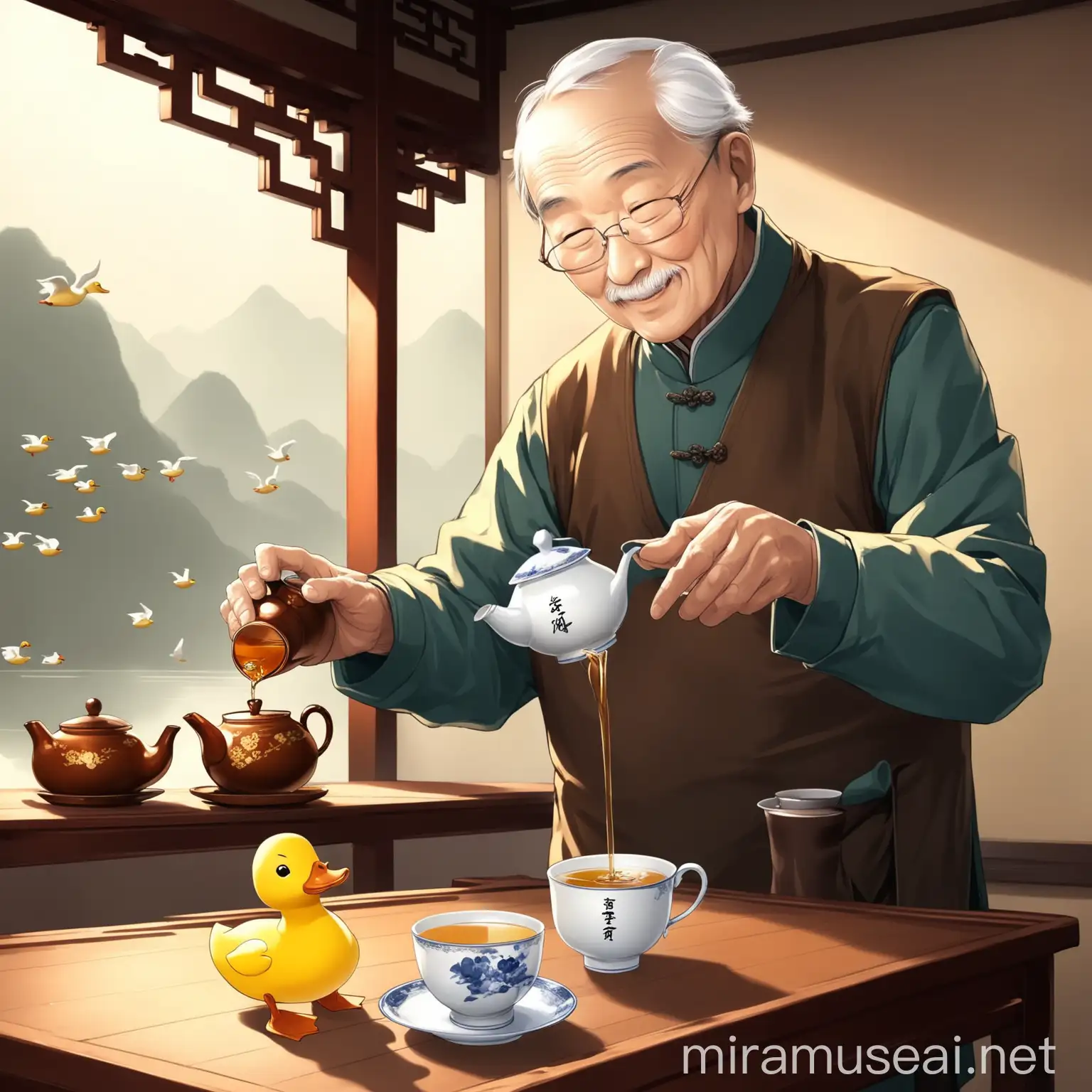 Happy Chinese Grandfather Pouring Tea with Small Duck