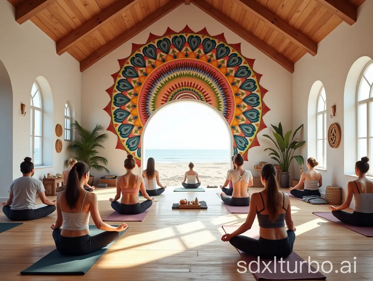 Yoga-Class-in-Stylish-Hall-with-Colorful-Mandala-and-Nordic-Beach-Scene