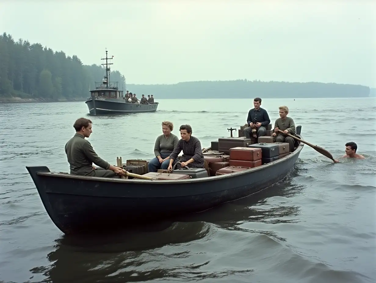 Color, Germany, Summer, 1945, wide river Elbe, no bridge, strong wind, very high waves, bank only forest in the background, rowing boat in the foreground, very deep in the water, in the rowing boat many suitcases and 1 bicycle stacked up, in the rowing boat sit 3 women, 2 very small dressed boys sit on the suitcases, boys are rowing with a wooden board, all people are very anxious and excited, rowing boat lies deep in the water, high waves, 1 man in the water holds onto the stern of the rowing boat, only 1 old military boat with 3 British soldiers in the background approaches towards the rowing boat