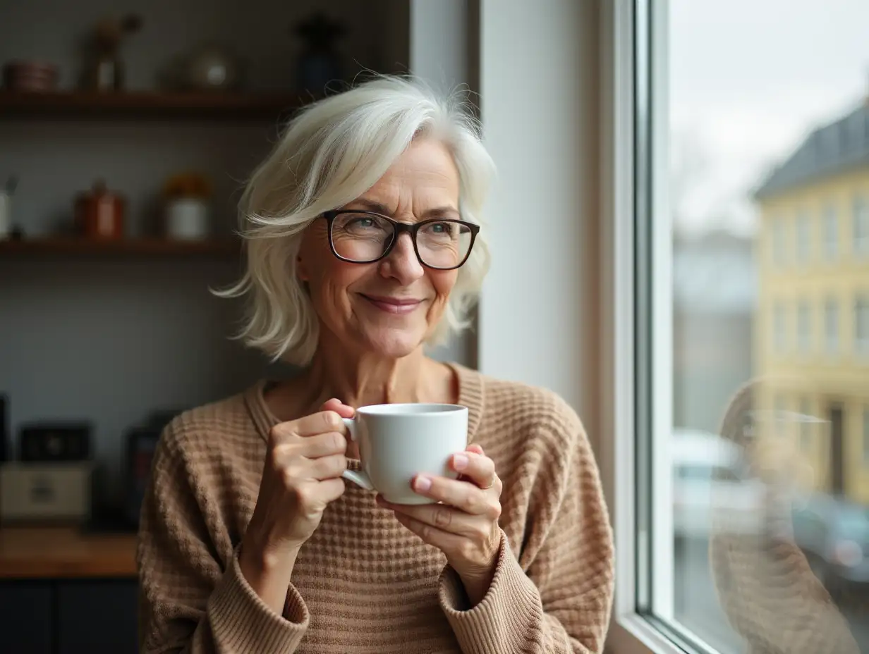 Middle-aged woman, sipping coffee by the window with a smile.