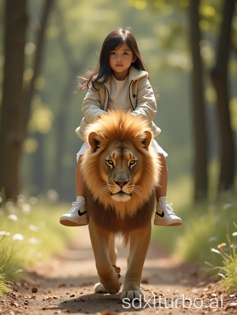 Korean-Little-Girl-Riding-Lion-in-Forest-Sunlight