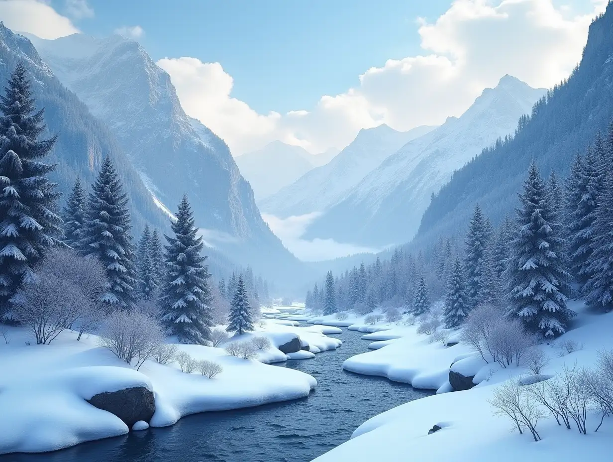 A world where it's snowing, snowy mountains, valley streams,