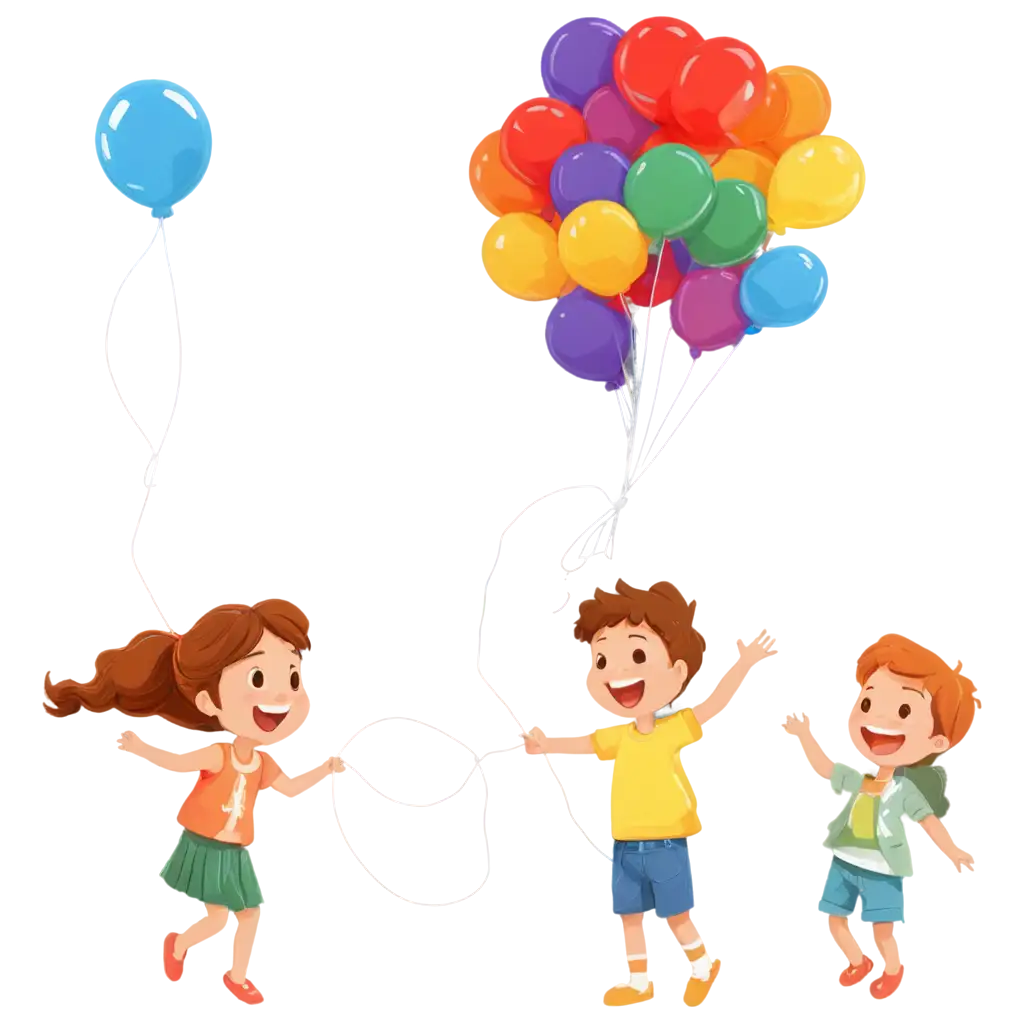 Rainbow-Color-Balloon-PNG-with-Cute-Smiling-Children-Flying-in-the-Sky-2D-Cartoon-Style