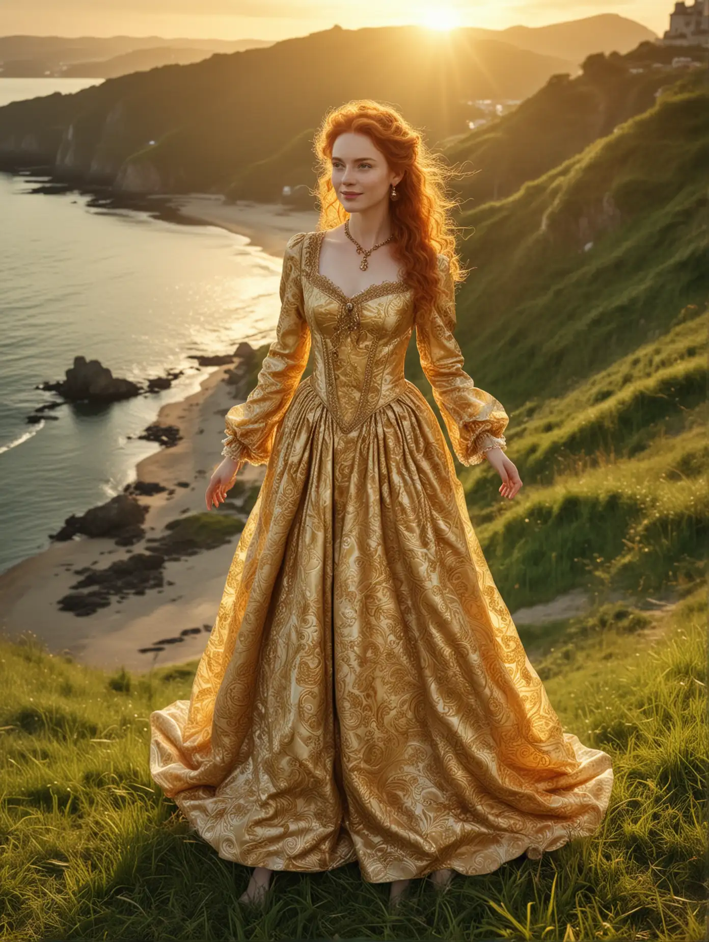 Victorian-Baroque-Style-Ginger-Woman-at-Sunrise-on-Grassland