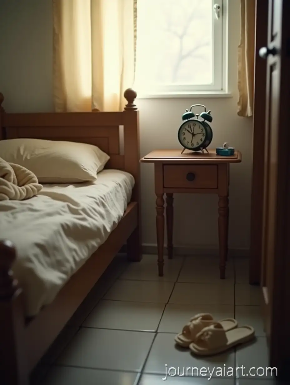 FirstPerson-View-ofMorning-Alarm-Scene-Alarm-Clock-on-Bedside-Table-in-Modest-Bedroom