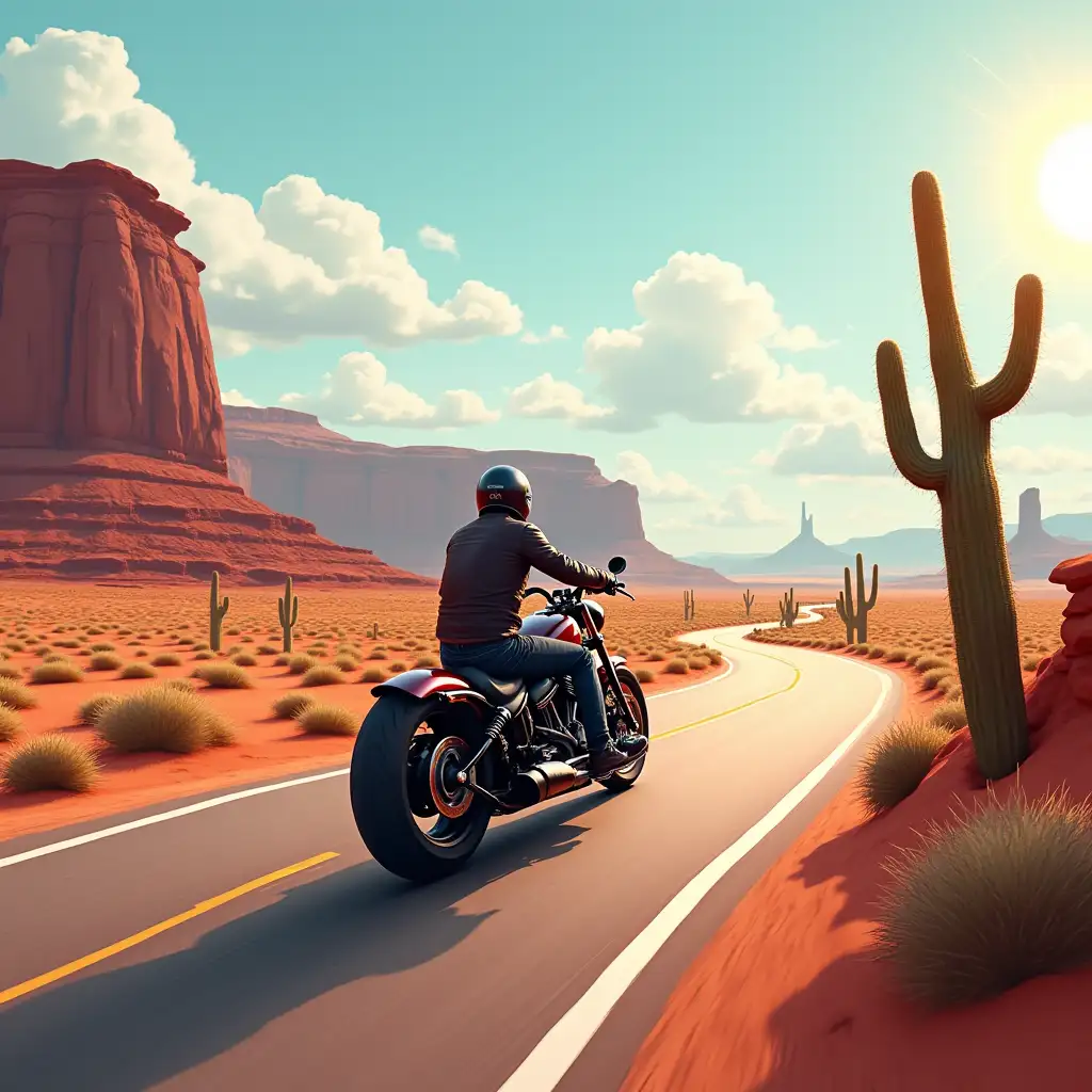 In the heart of Monument Valley, a sleek chopper bike roars down a winding road, cutting through the vast desert landscape. The sun blazes overhead, casting long shadows across the red rock formations. As the rider leans into a curve, the thrill of the ride electrifies the air. Suddenly, a quick flash of movement catches the eye—a lizard darts across the road, its scales glinting in the sunlight. The rider swerves just in time, laughing at the unexpected encounter. A towering cactus stands proudly nearby, its spines glistening like tiny jewels. The bike comes to a stop, and the rider takes a moment to soak in the beauty of the surroundings. The iconic buttes rise majestically in the background, creating a stunning backdrop. With the wind in their hair and the desert stretching endlessly ahead, the adventure is just beginning. Time to rev that engine and hit the open road again!