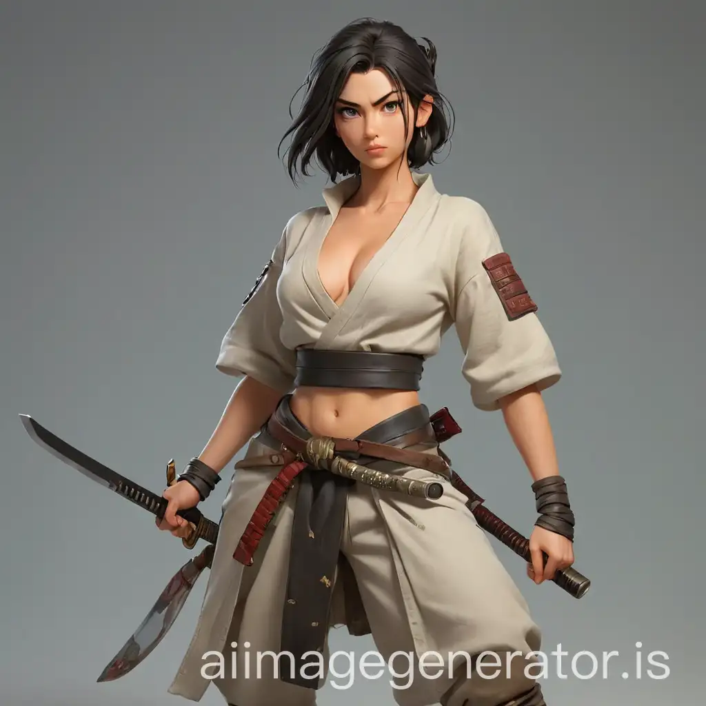 reference from the front and side, character woman in open clothing with a katana in fantasy style