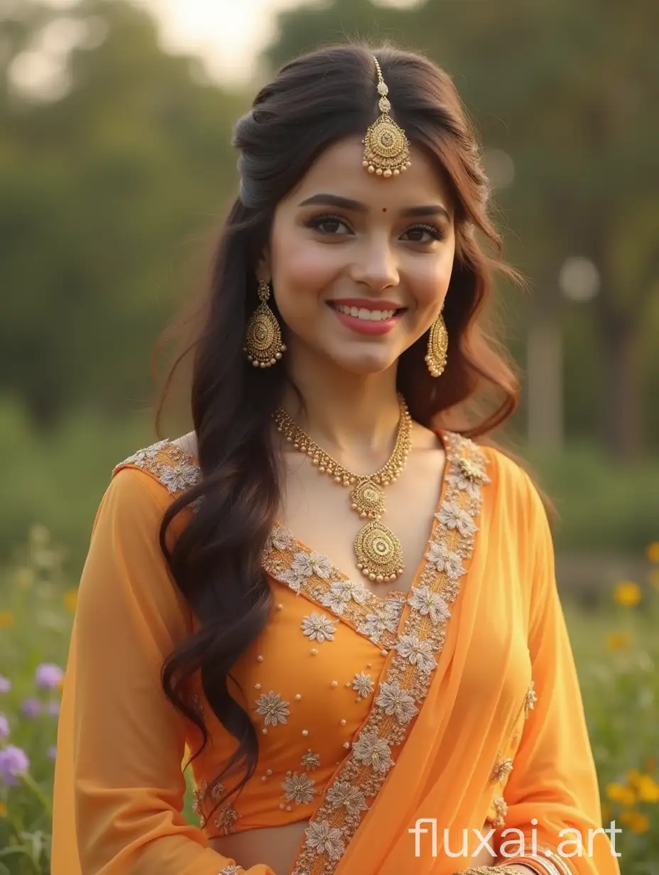 She is a white girl, fit, blushing, brunette hairs, new hairstyles, outdoor at beautiful natural decorated place(Heaven), she is wearing glowing lehenga, cute poses, full body portrait, taken by Phase One XF IQ4 150MP Camera (8k ultra-high-defination quality), super high quality photo, Movie Still,