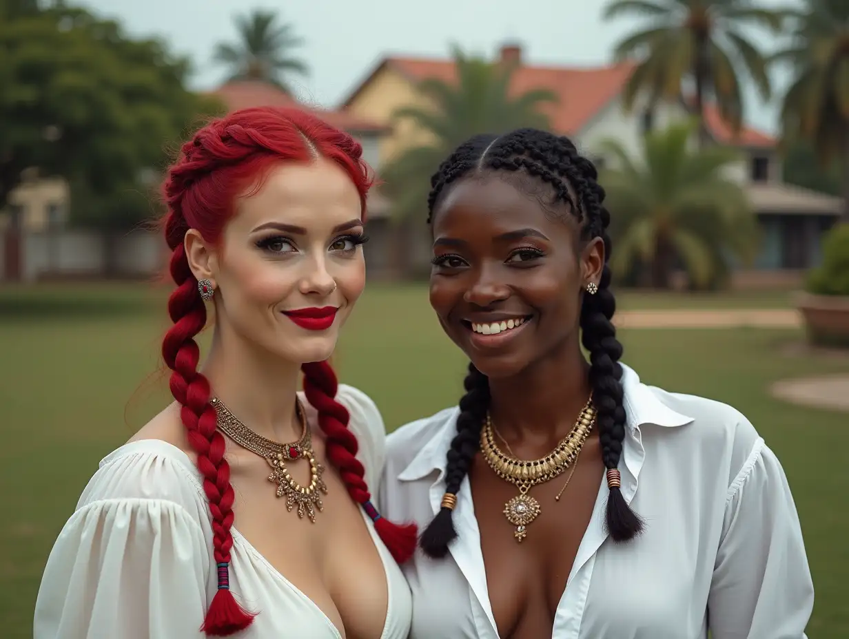 Two white, plump Pin-up girls 70 years old red braids wear low-cut white blouse, ruby gold necklace with a light smile on their face, tattoos, jewelry on the head, lipstick emphasizes their smile, modern jewelry, black skin, in a park with many houses in India Cyberpunk    8k-quality