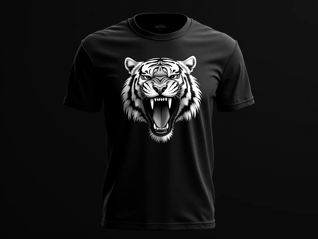 Black T-shirt, black, with a picture of a tiger's head, white, grinning, mouth gaping, tongue sticking out, angry expression, portraitistic, 5K rendering