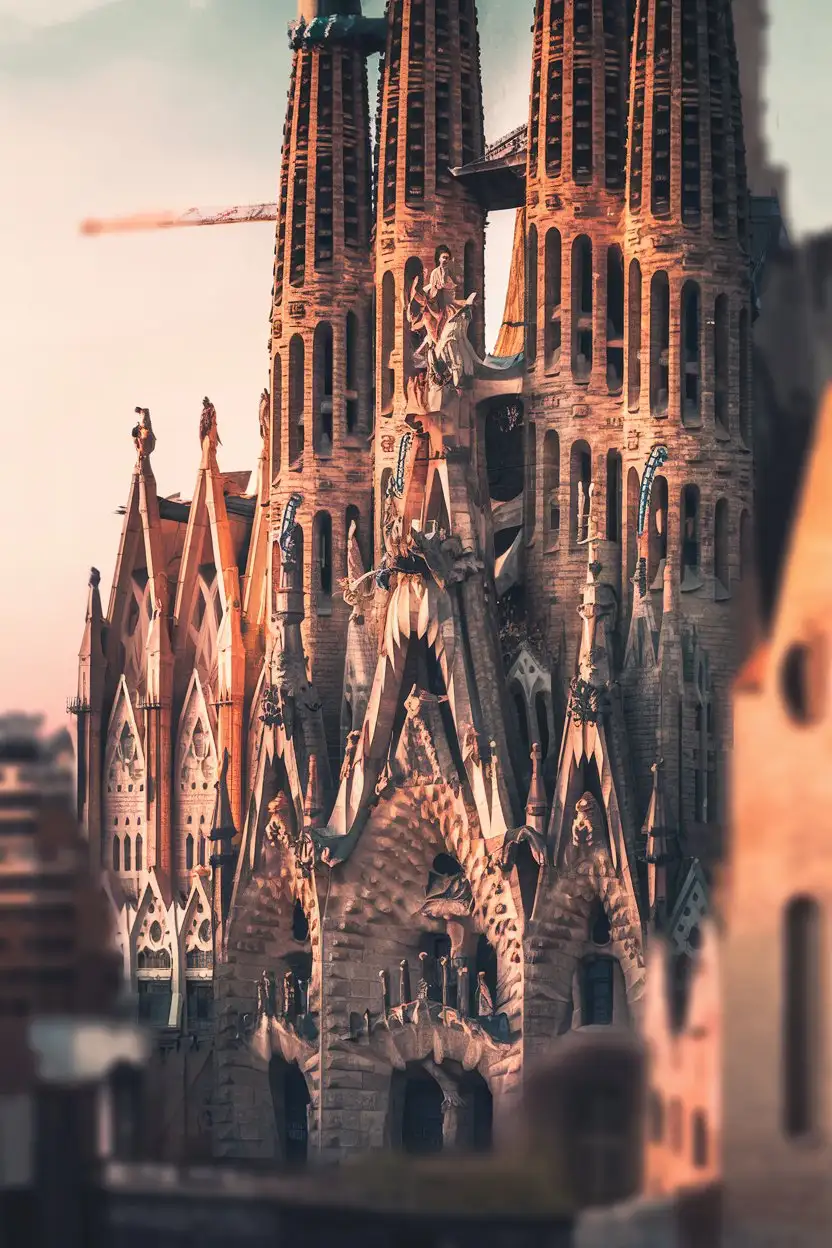 Wide shot of Sagrada Familia in Barcelona, Spain, golden hour, exterior view, intricate facades, warm sunlight, detailed gothic architecture, vibrant colors, realistic, cinematic, masterpiece