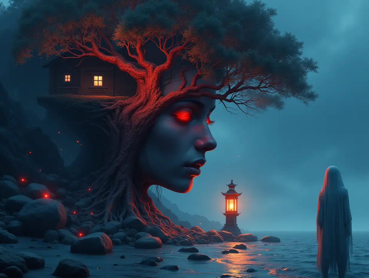 Creating a digital painting of a face with hair transforming into a building with ruby stones and sea and Illuminated trees with roots and rocks lantern and strange people and Ghost hand