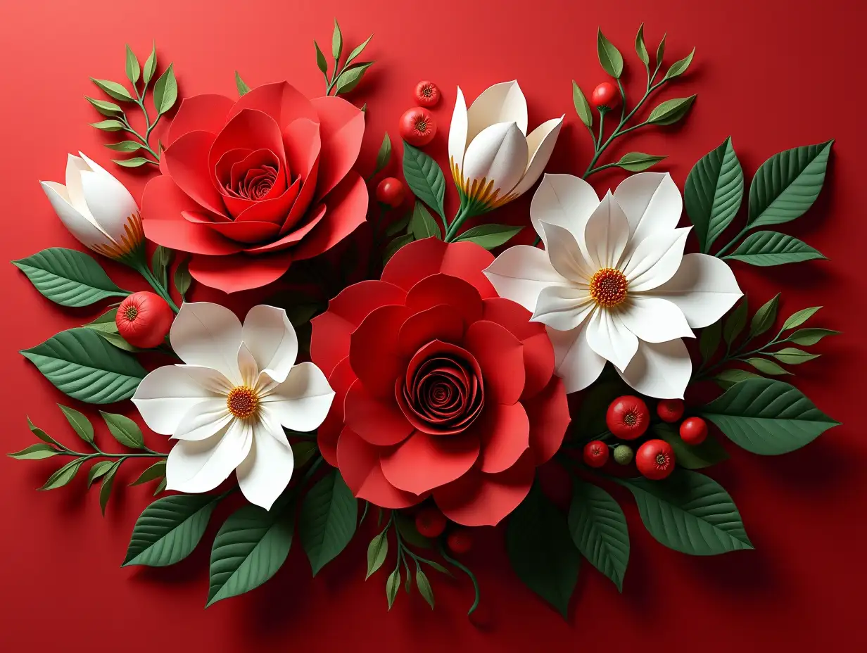 Create an image of a vibrant and intricate floral arrangement. The arrangement should feature large, detailed flowers including red roses and white magnolias, surrounded by various green leaves and red berries. The flowers should have a paper-like texture, with the petals and leaves showing fine details and layers. The background should be a rich, deep red to complement the colors of the flowers and foliage. The overall style should be bold and elegant, with a focus on the contrast between the red, white, and green elements. 3D hyperrealism