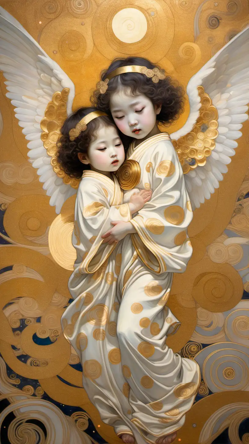 Japanese Baby Angels in Gustav Klimt Style Painting