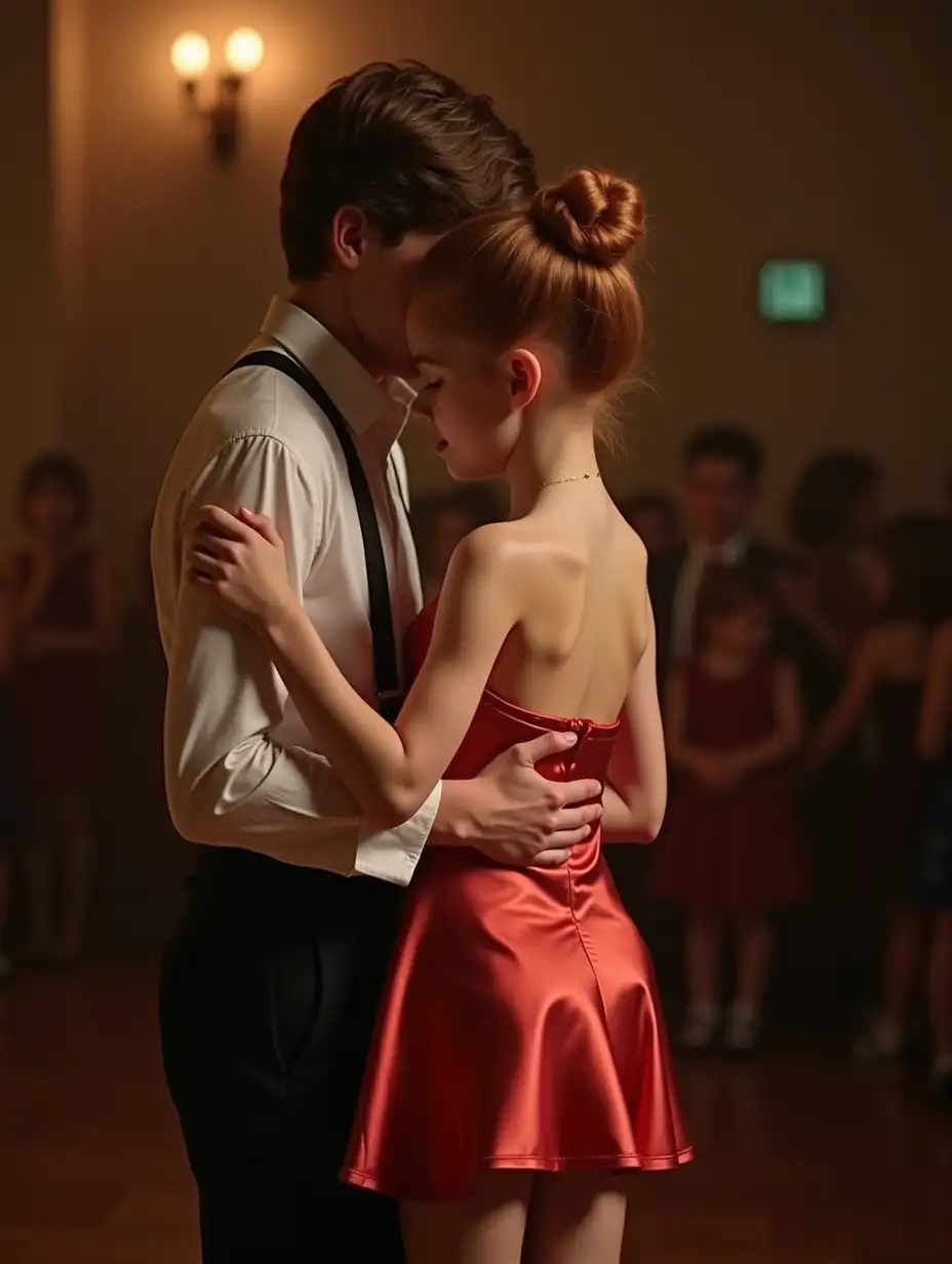 Young-Couple-Dancing-at-School-Dance-in-Satin-Minidress