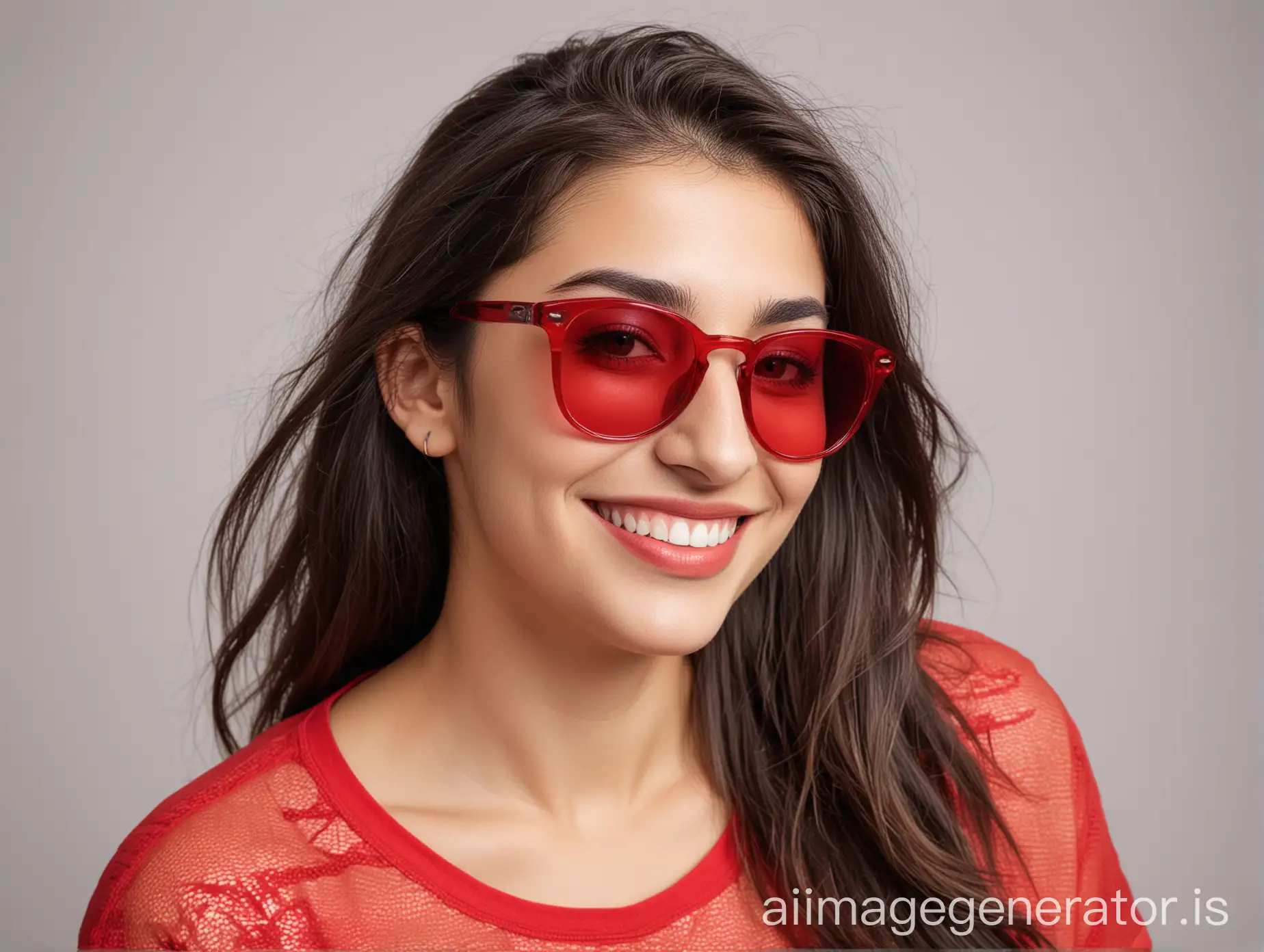 Smiling-Armenian-Woman-in-Red-Shirt-and-SemiTransparent-Sunglasses