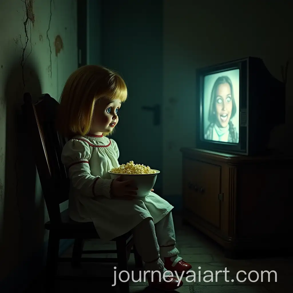 Creepy-Doll-Watching-Horror-Film-in-Dimly-Lit-Room-with-Eerie-Details