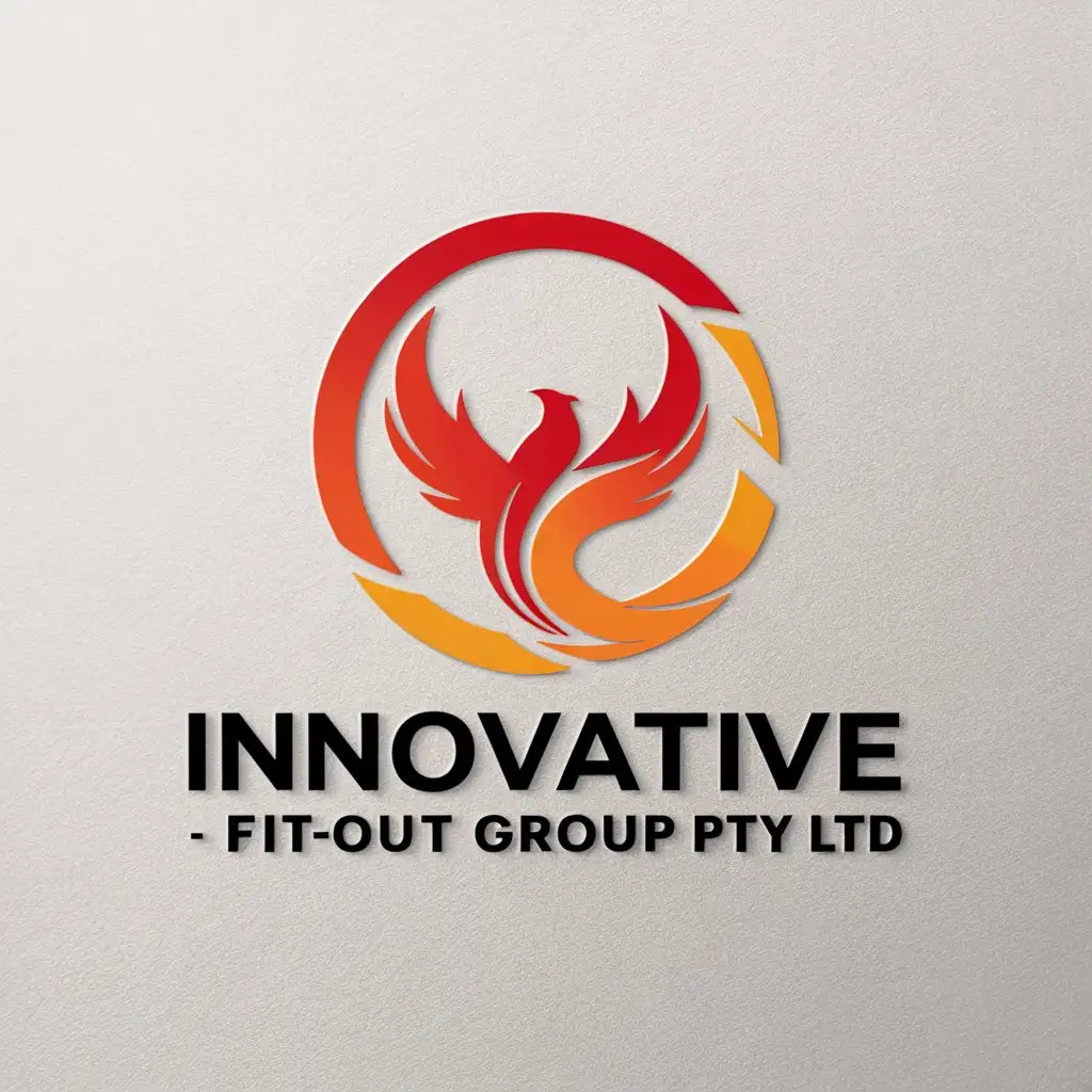 LOGO Design For INNOVATIVE FITOUT GROUP PTY LTD Modern Circle with Phoenix Bird in Bright Red and Orange on White Background