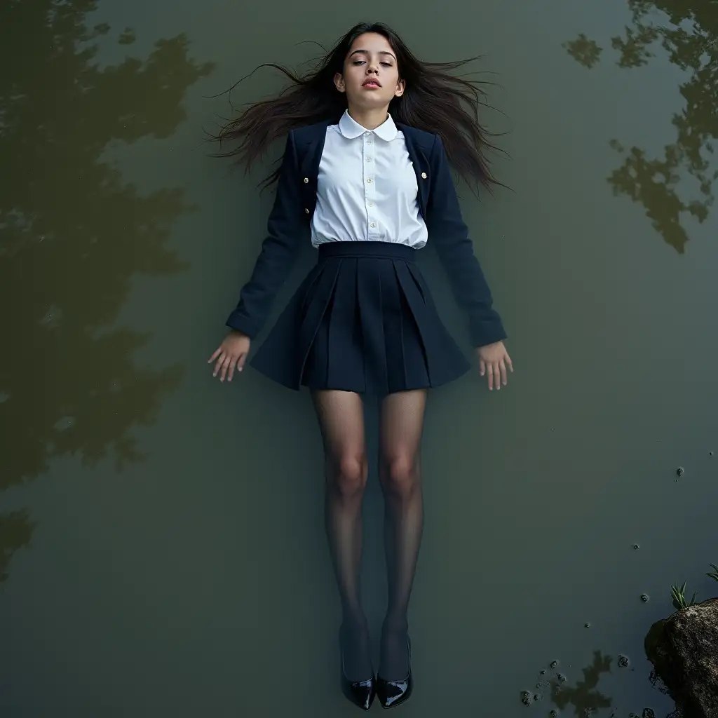 schoolgirl in school uniform, skirt, jacket, blouse, dark tights, high-heeled pumps. Swims in a dirty pond, lies on her back, under water, below the water surface, top view, fully wet clothes, all clothes look wet, wet clothes stick to the body.