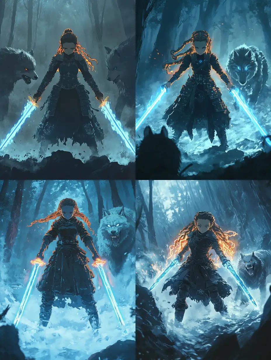 Anime-Character-Battling-Spectral-Wolf-with-Glowing-Blue-Swords-in-Misty-Forest