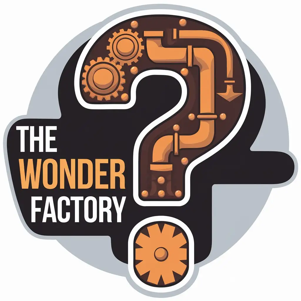 a vector logo design,with the text "The Wonder Factory", main symbol:A large question mark formed by factory elements like pipes, cogs, and bolts, creating a unique and intriguing visual.,Moderate,be used in Internet industry,clear background