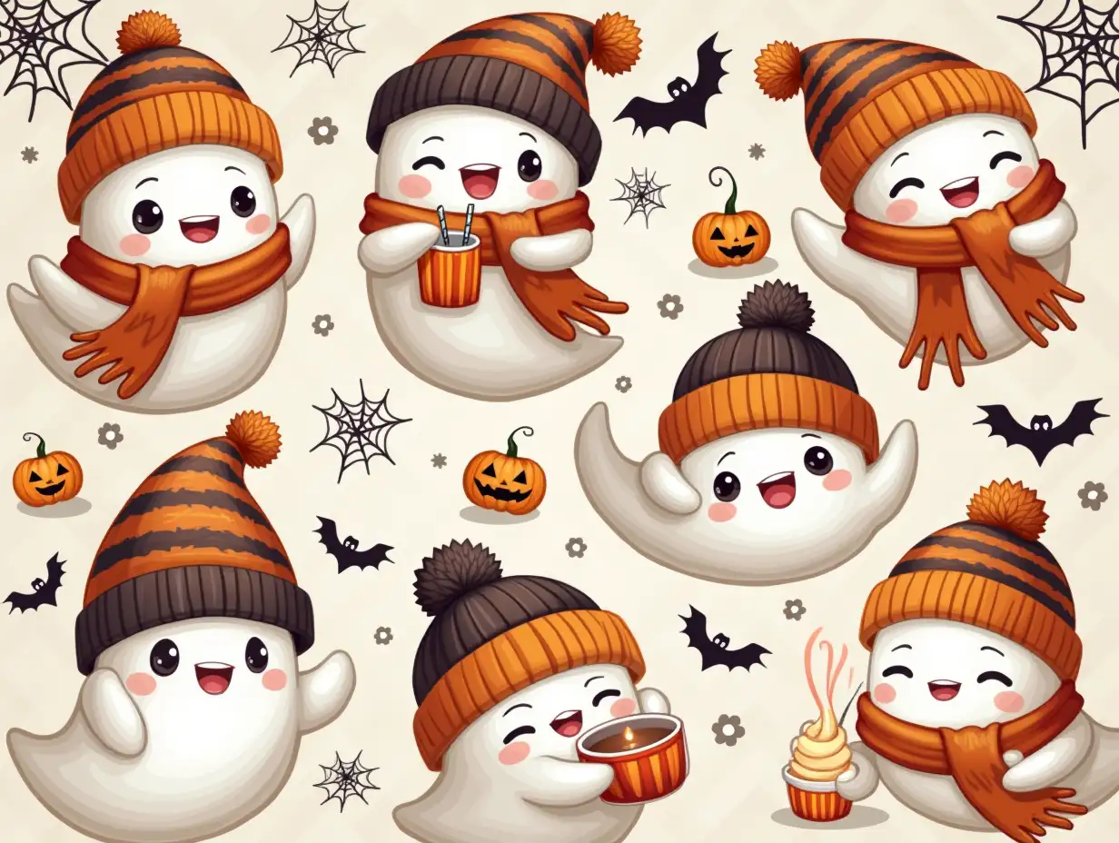 Vector,64k. A playful scene with multiple adorable ghosts dressed in cozy knit hats and scarves. They hold cups of drinks and pumpkins, surrounded by spiderwebs, bats, and a checkered background. The ghosts have expressive eyes and mischievous grins, creating a whimsical and festive atmosphere. seamless design