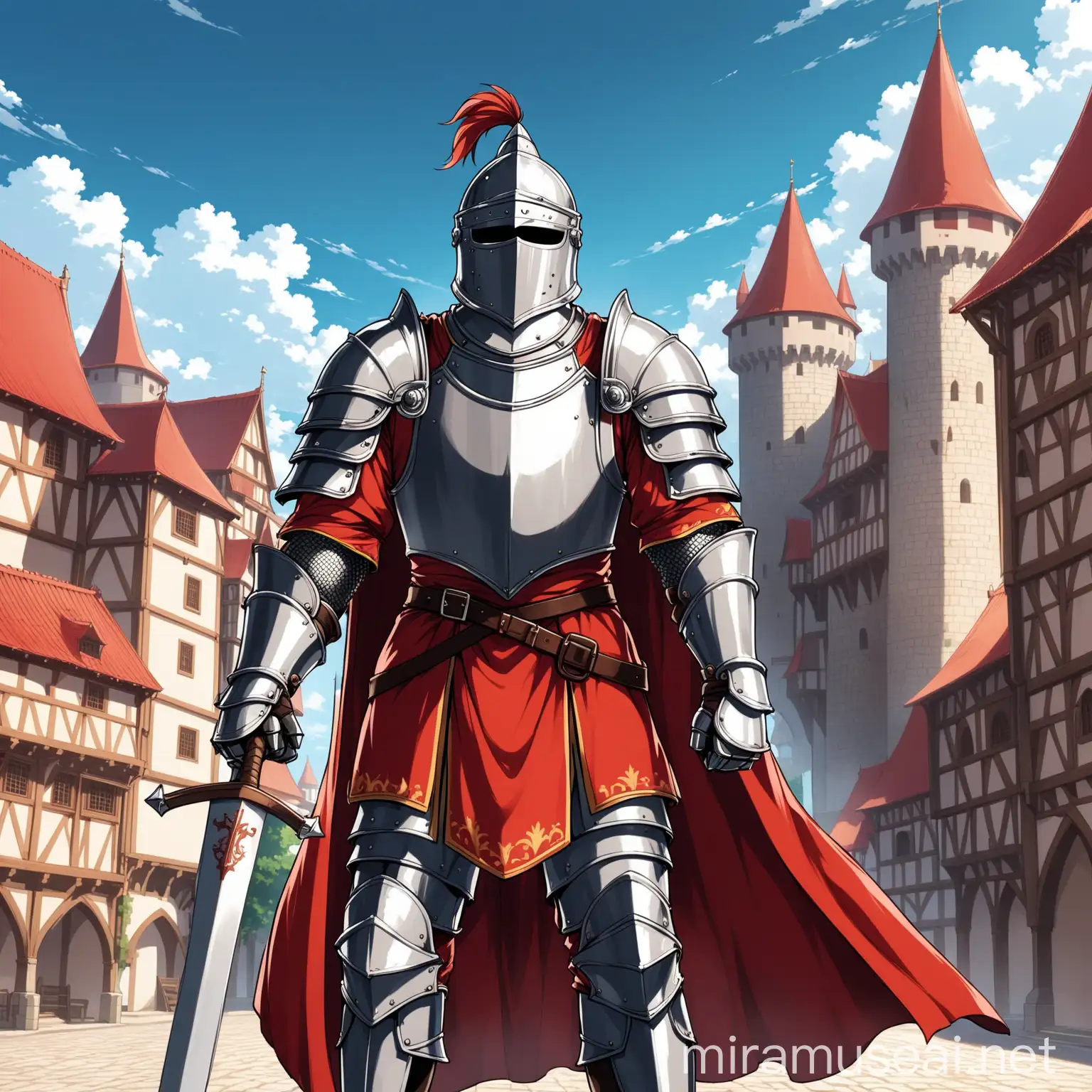 An anime man, medieval veteran city guard, knight helmet with pillos, he wear a fulllplate armor, heroic pose , red clothes, in epic anime