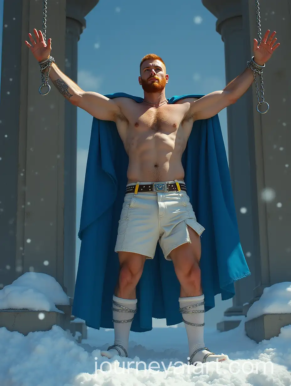 Pale-Ginger-Gladiator-with-Blue-Cape-Shackled-Between-Pillars-in-Snow
