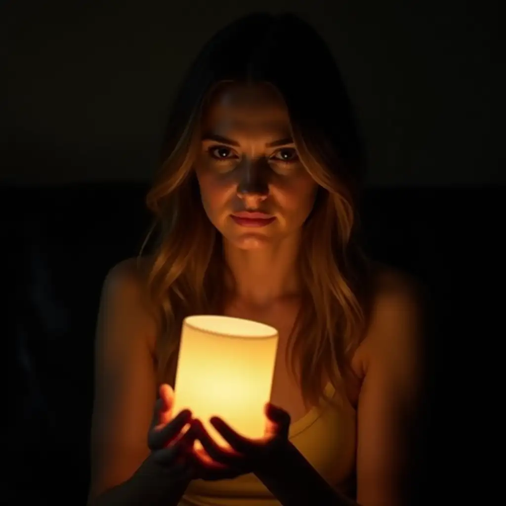 Young-Woman-Holding-Glowing-Lamp-in-Dark-CinemYoung-woman-with-lampatic-Setting