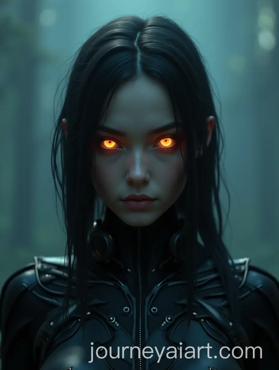 Front-Facing-Cyborg-Woman-in-Photorealistic-Dark-Fantasy-with-Glowing-Eyes