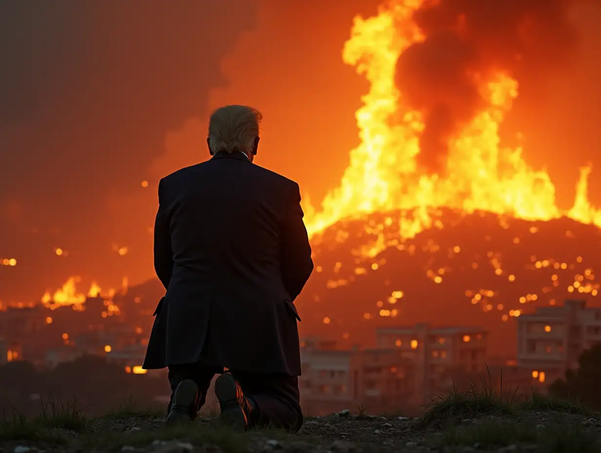 Donald Trump, kneeling in front of a burning city, natural colors, so it looks real