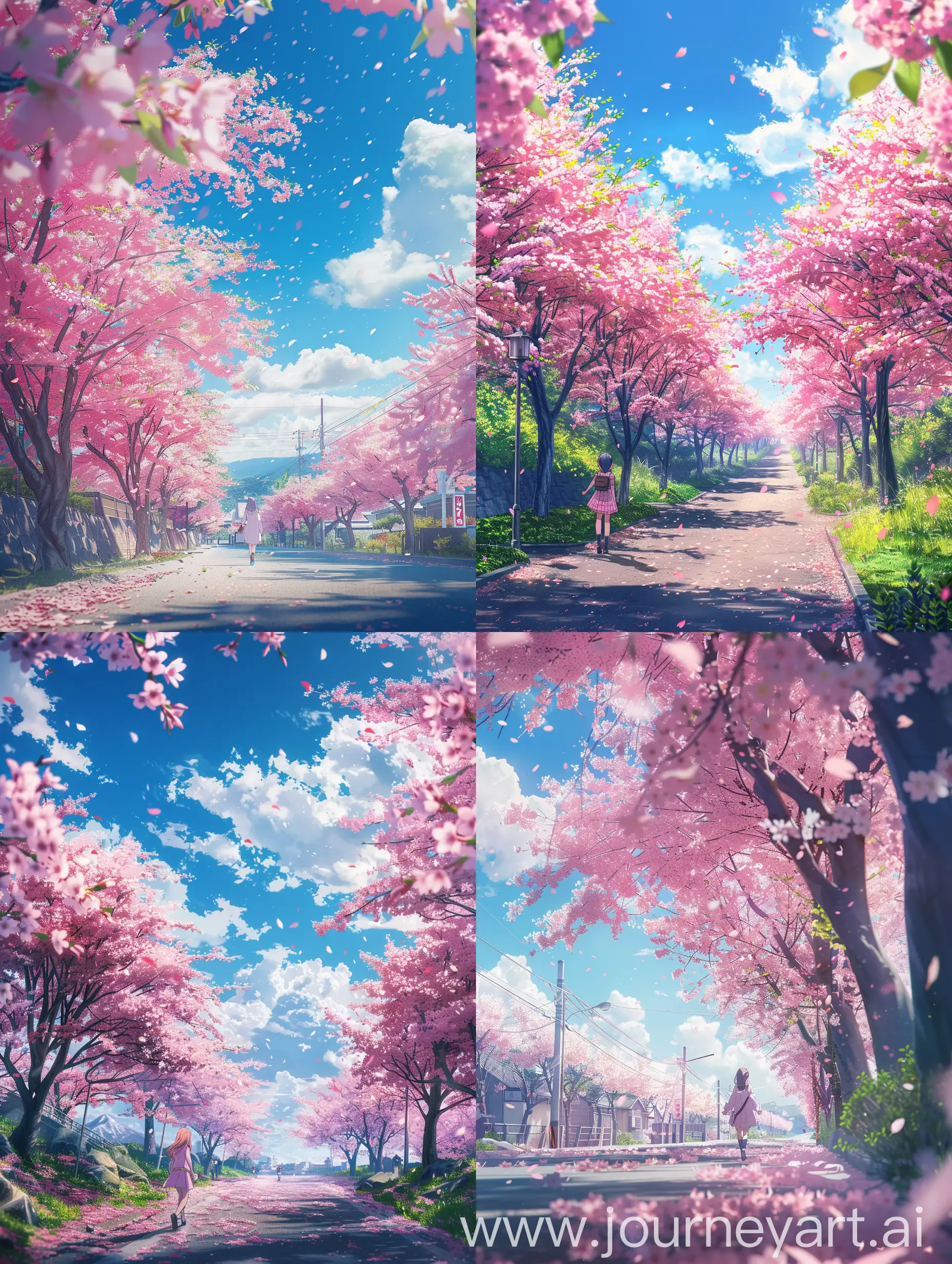 Anime-Drone-Shot-of-Pink-Cherry-Trees-in-Bright-Sunny-Day-with-Girl-Walking