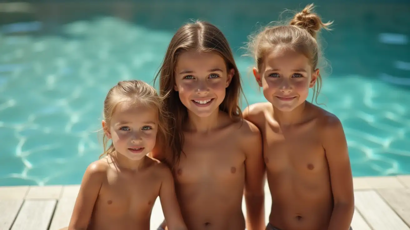 Teen-Girl-and-Younger-Sisters-Relaxing-by-the-Pool-with-Shiny-Skin-and-Tan-Lines