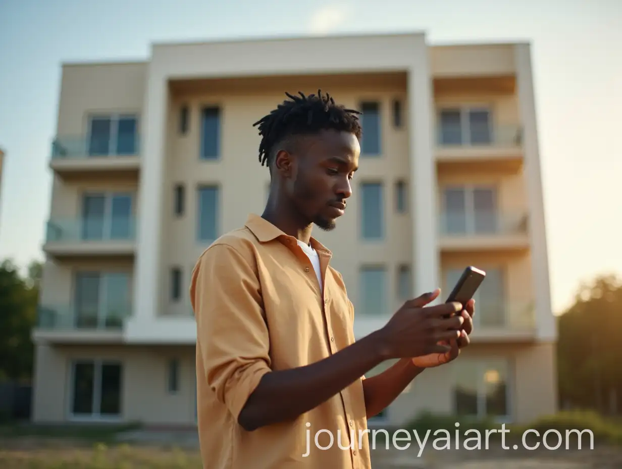 Happy-Ethiopian-Young-Adult-Using-Phone-Outside-New-Condo
