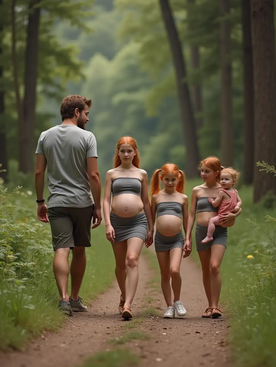 Father-Walking-Down-Forest-Trail-with-Pregnant-Daughters-in-Miniskirts-Holding-Children