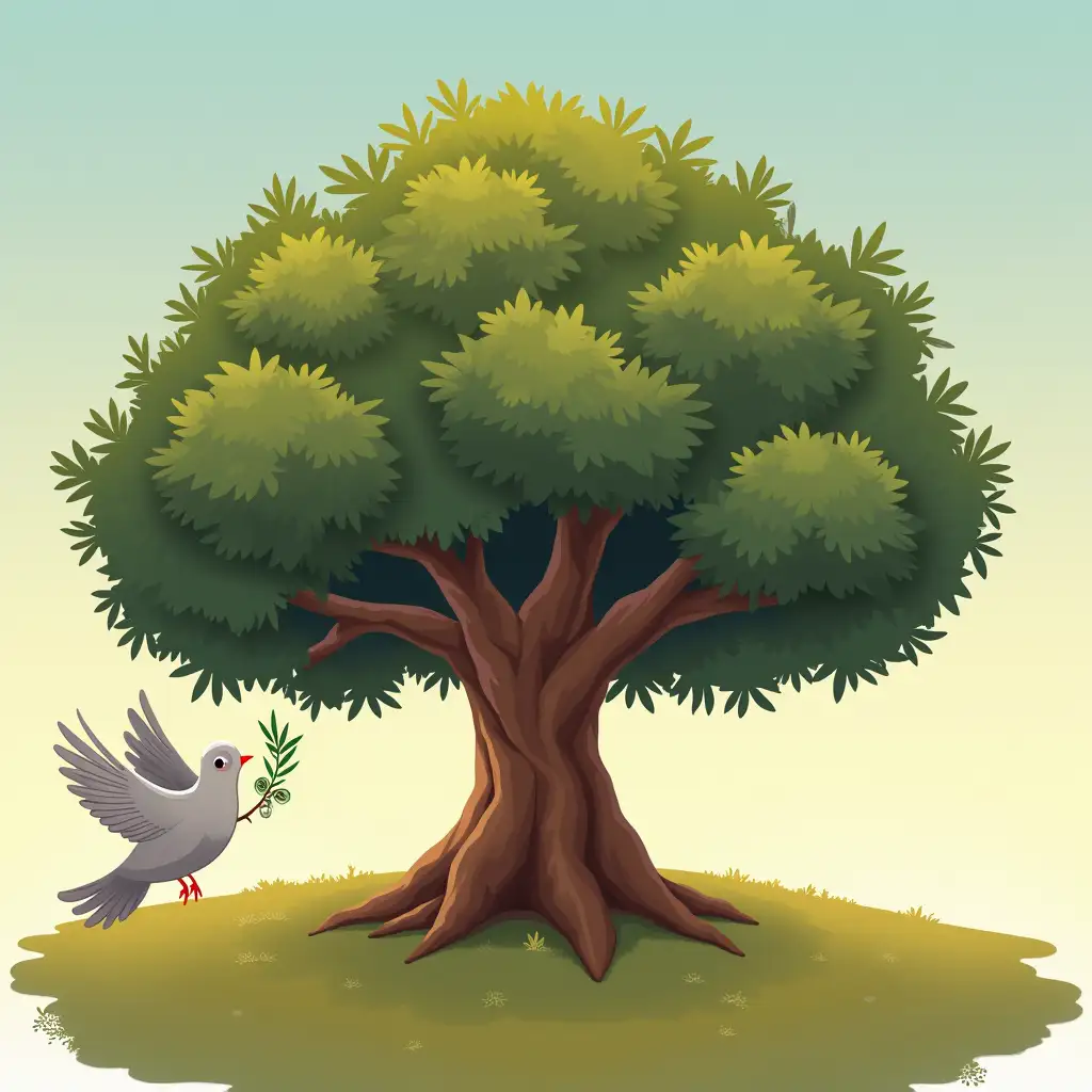 A large olive tree in the background, a dove with an olive branch, happy, joyful and bright atmosphere.