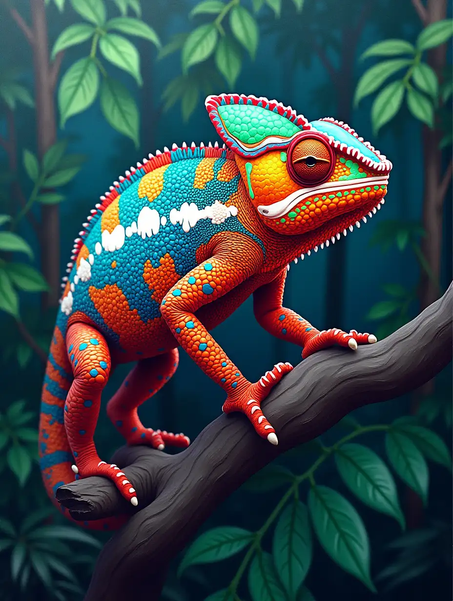 Portrait, a Chameleon in a rainforest, vibrant colours, 3D, acrylic painting