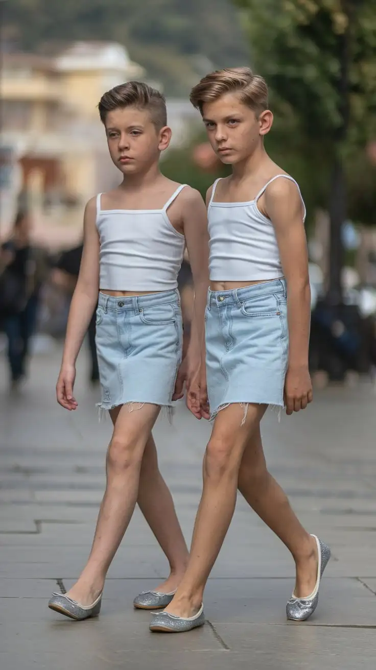 two little young boys wearing white spagetti top and light blue denim mini skirt and silver glitter ballet flats and walk in town and cross legs and long legs