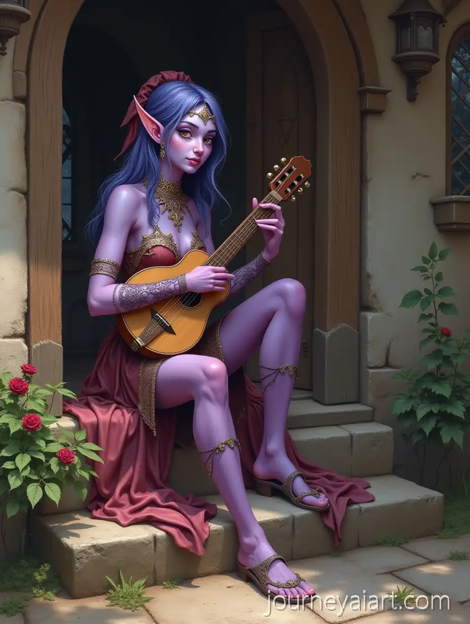 Elf-bard-playing-instrumentCharming-PurpleSkinned-Elf-Bard-Playing-Instrument-Outside-Medieval-House