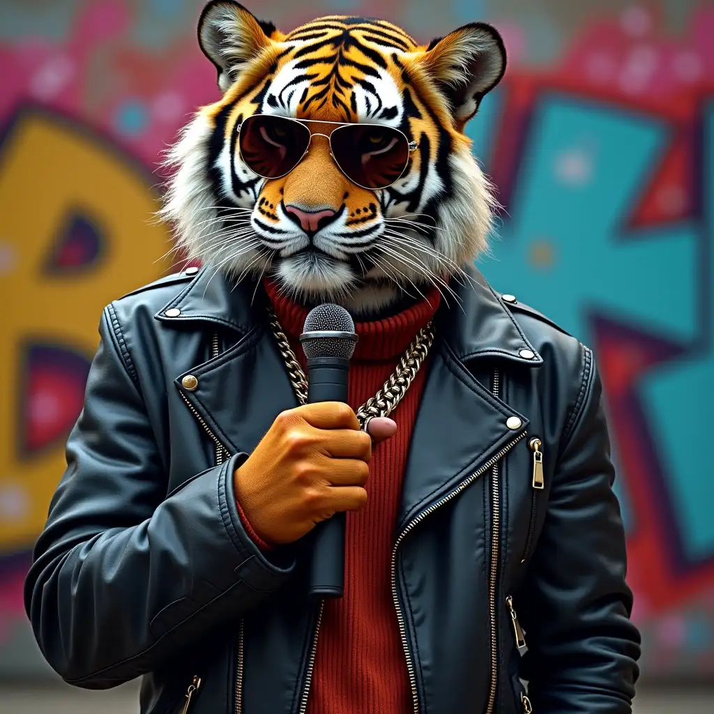 tiger in street style, wearing sunglasses and leather jacket, holding a microphone, urban graffiti background, vibrant colors, hip-hop vibe, detailed fur texture, full-body shot