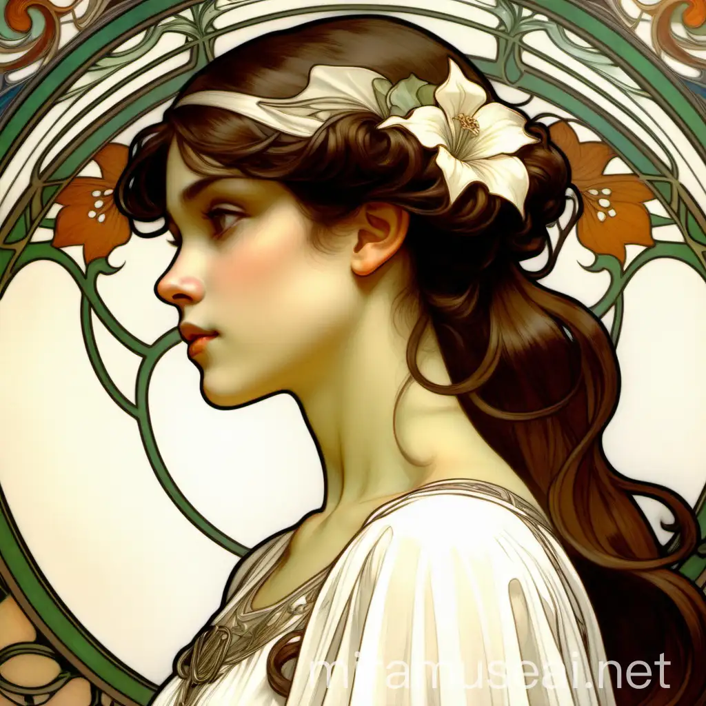 Art Nouveau Style Portrait of a Young Woman in White Dress Mucha Inspired