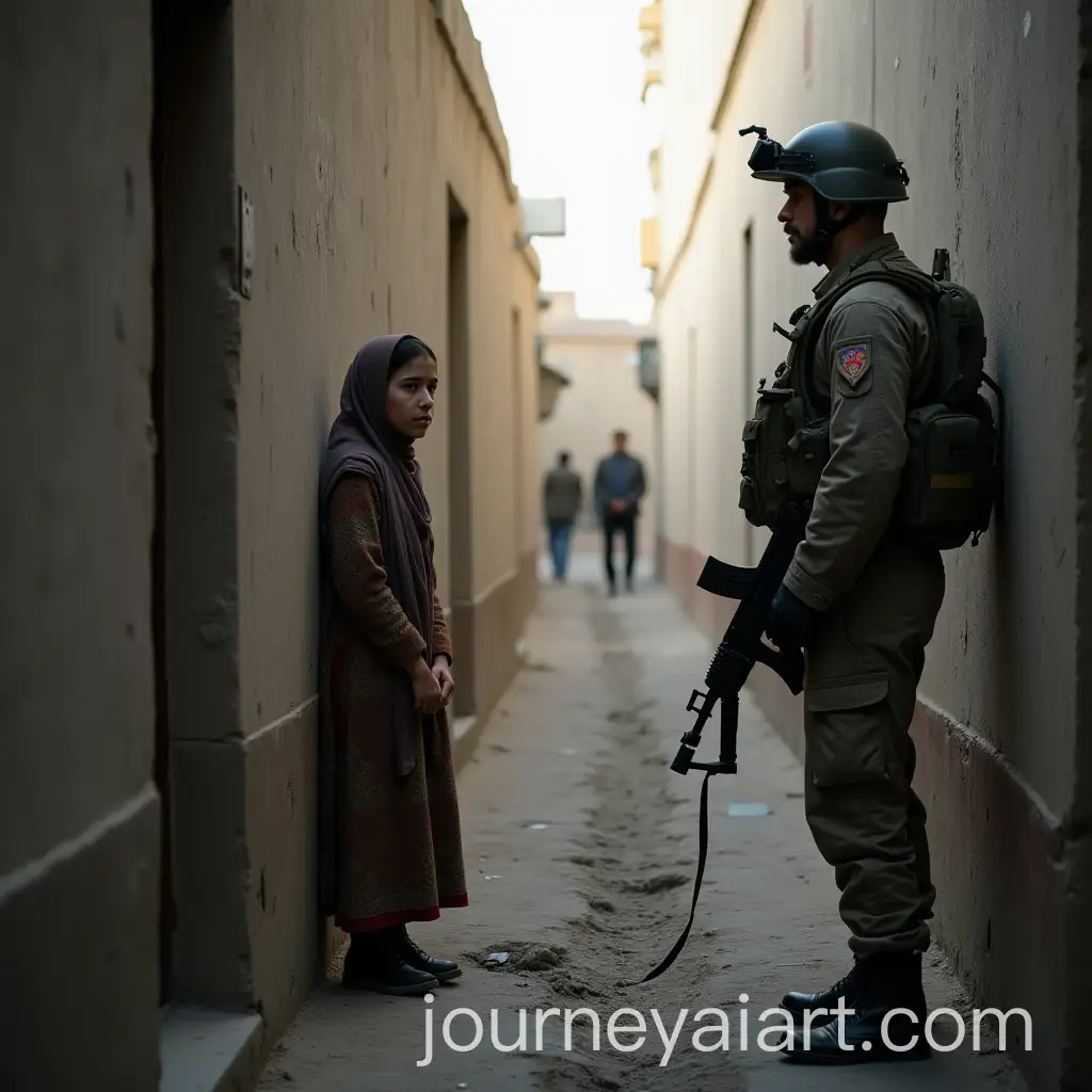 Afghan-Girl-in-Warzone-with-Soldier-in-Alley