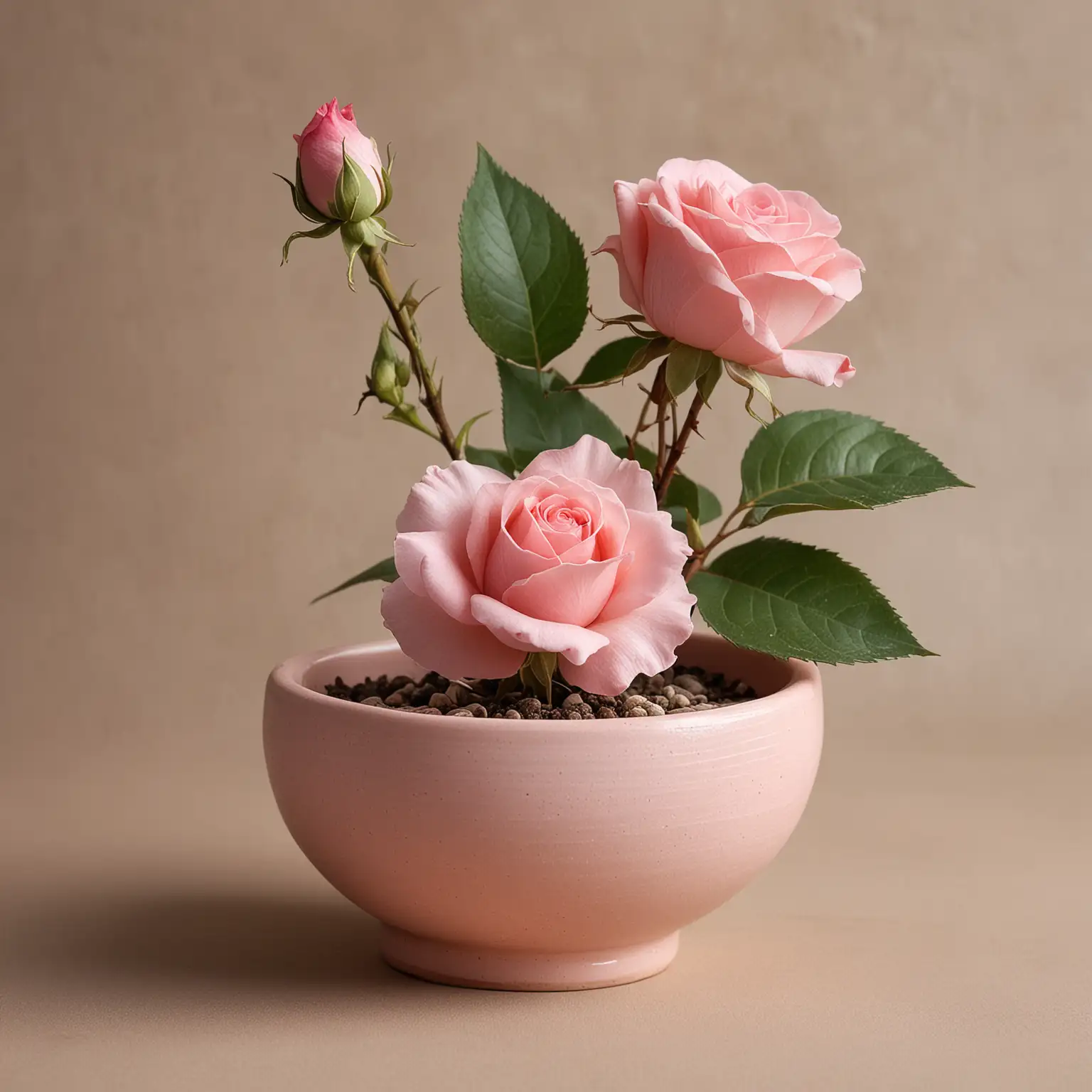 small garden centerpiece with a small matching pink ceramic bowl and single rose blossom; keep background neutral