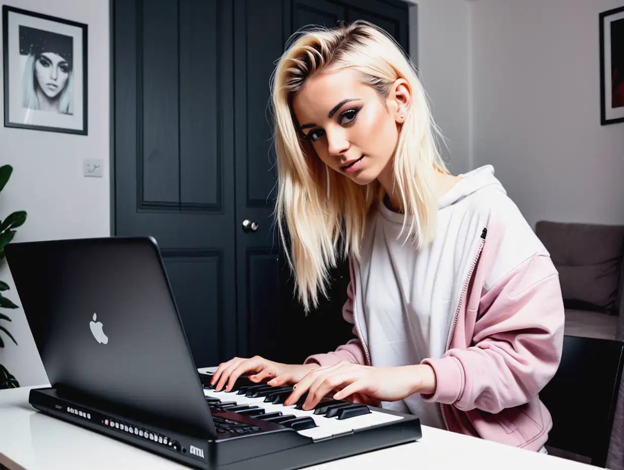 Female Popstar Creating Music at Home with MIDI Keyboard and Laptop