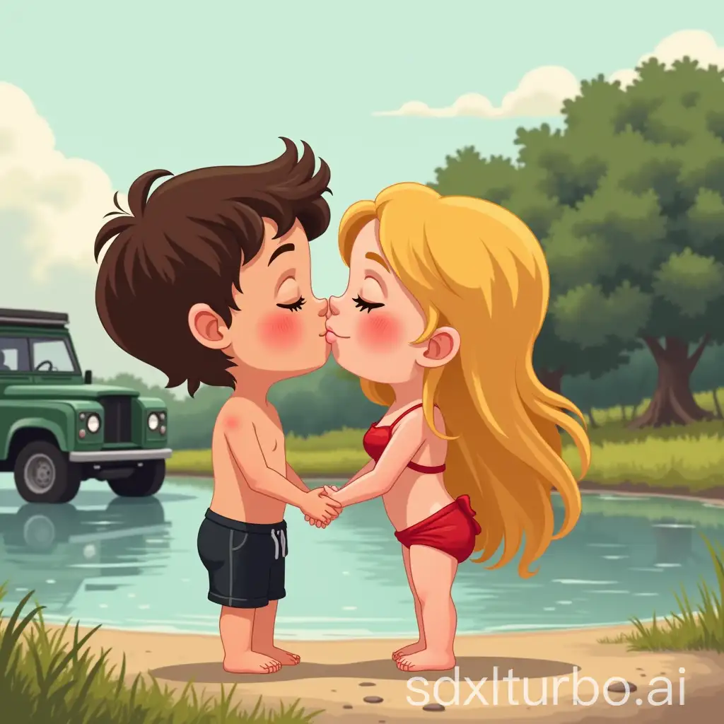 Young-Children-Sharing-a-Kiss-Near-a-River-with-Land-Rover-Defender