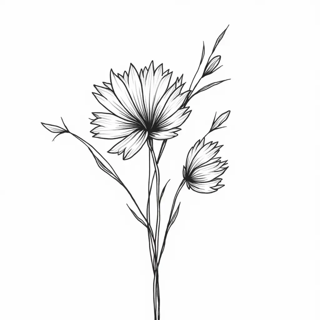 Black-and-White-Pen-Drawing-of-Blooming-Flowers-Bouquet