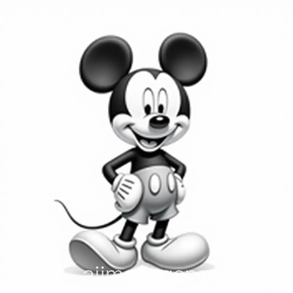 illutration clip art, A combination of cartoonism and photorealism, graphic art for fans, humour, featuring happy mickey mouse, adorable cartoon style, greyscale, colors, black line art stroke, hyper realistic, detailed, high definition, the character, very similar to the original, 100% identical.  dynamic pose, super white solid background